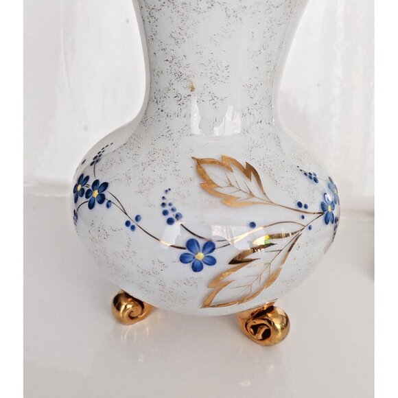 Three Footed French Frosted Glass Vase with Gold Gilding & Painted Florals MCM - Picture 10 of 13